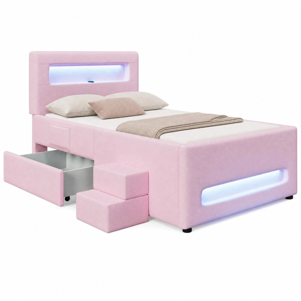 Letto con cassetti 90 × 200 cm imbottito con scala e LED in PU e MDF rosa