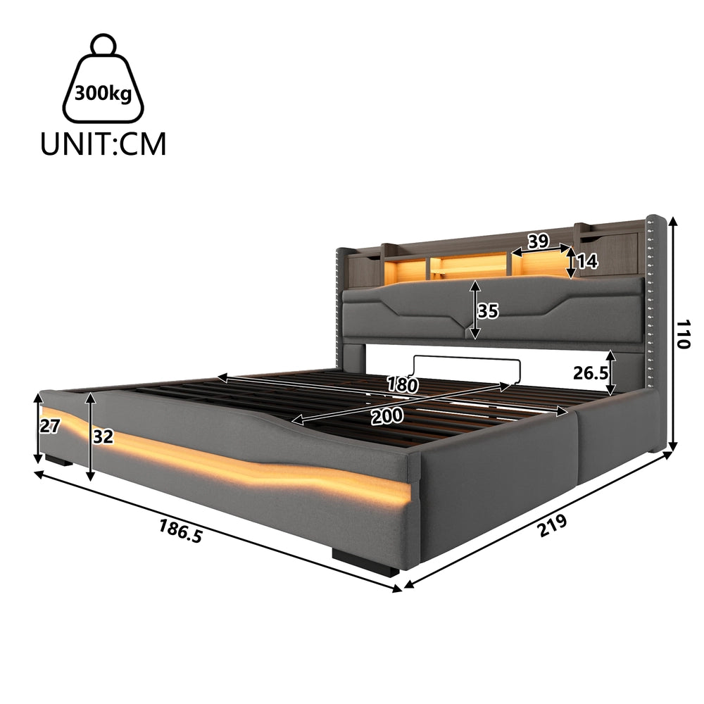 Letto Imbottito Contenitore con LED e USB ¨C Xylo ¨C Grigio 180x200