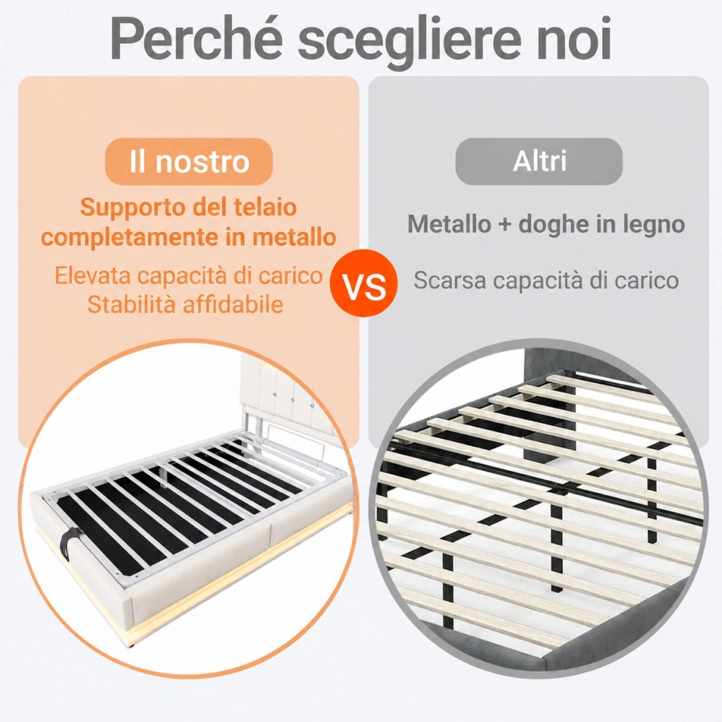 Letto imbottito per bambini 90x200 con LED e contenitore idraulico; velluto beige
