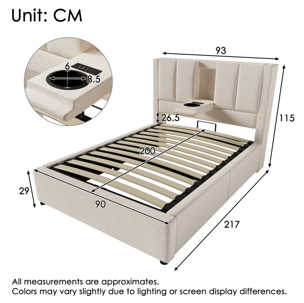 Letto imbottito 90x200 cm beige con contenitore, rete, materasso e testiera con USB/Type-C