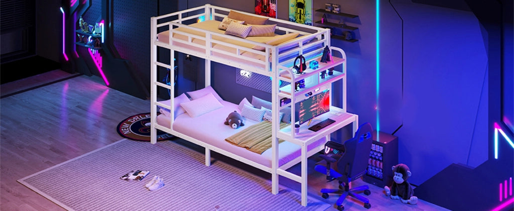 Letto a castello 90 × 200 cm con scrivania LED USB in metallo e MDF bianco con ripiani e scala