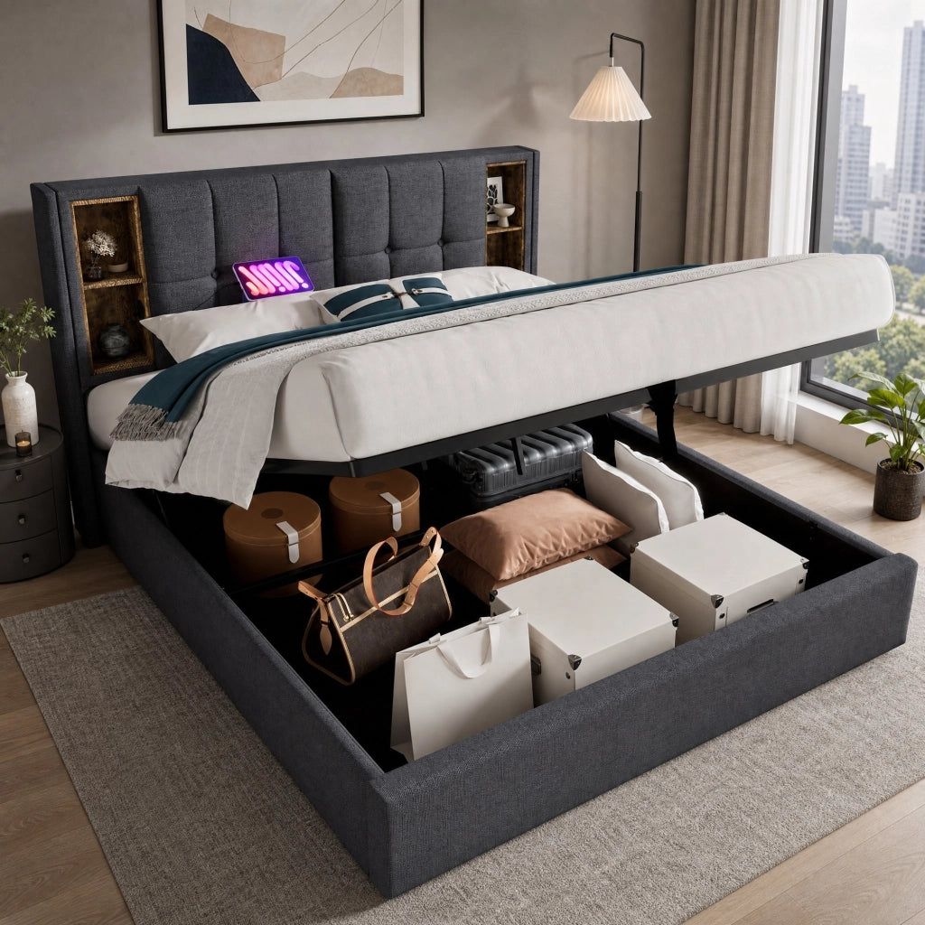 Letto matrimoniale con ricarica wireless, USB e ampio spazio contenitivo