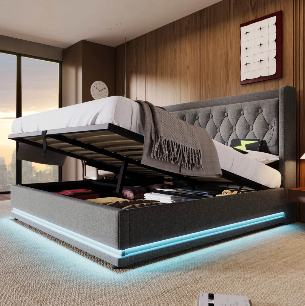 LETTO contenitore 160x200 cm in cotone grigio con LED, USB, Type-C e materasso