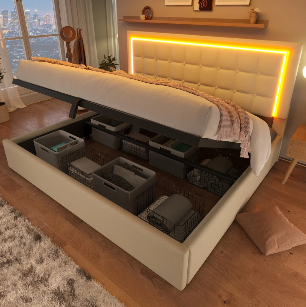 Letto matrimoniale contenitore 180x200 cm con LED e rete a doghe