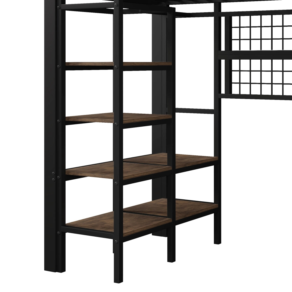Letto per bambini a soppalco 90x200 cm con LED; ripiani e rete appendiabiti; metallo e MDF nero