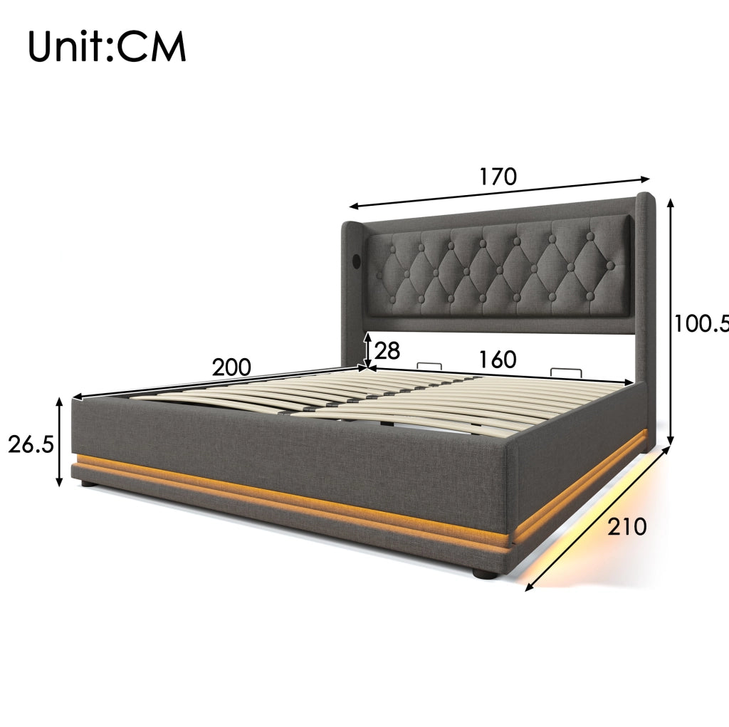 LETTO contenitore 160x200 cm in cotone grigio con LED, USB, Type-C e materasso