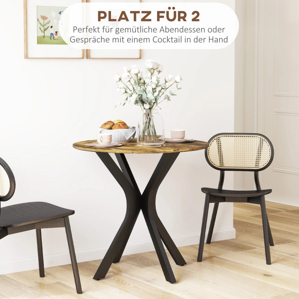 Tavolo da pranzo rotondo 80x75 cm in MDF marrone rustico, base in acciaio, 2 posti