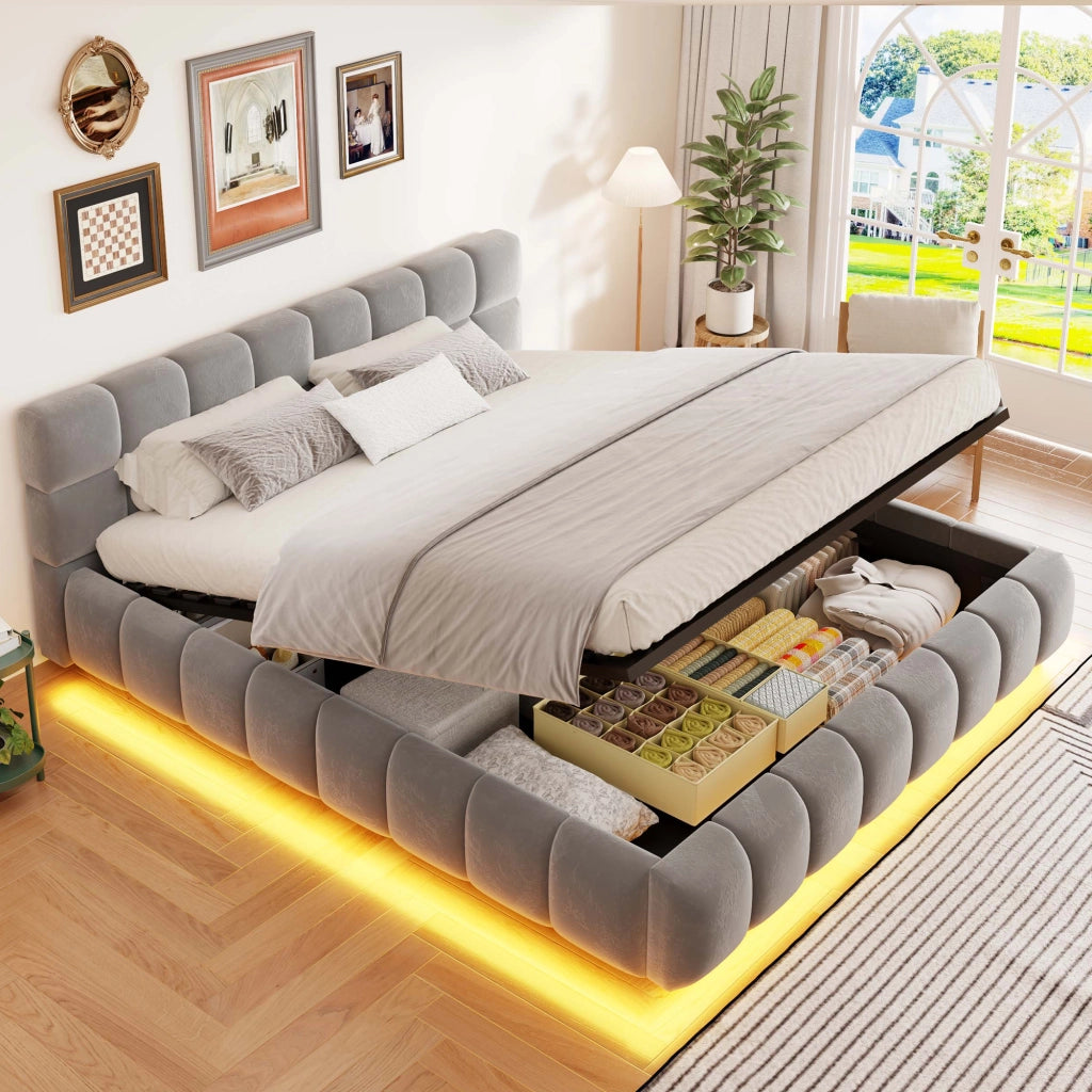 Letto Matrimoniale 160x200 cm Imbottito in Velluto Grigio con Contenitore Idraulico e Luci LED