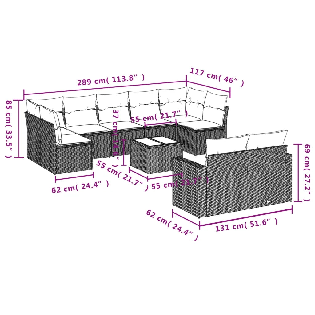 Set Divano da Giardino 10 pz con Cuscini Grigio in Polyrattan 3219420
