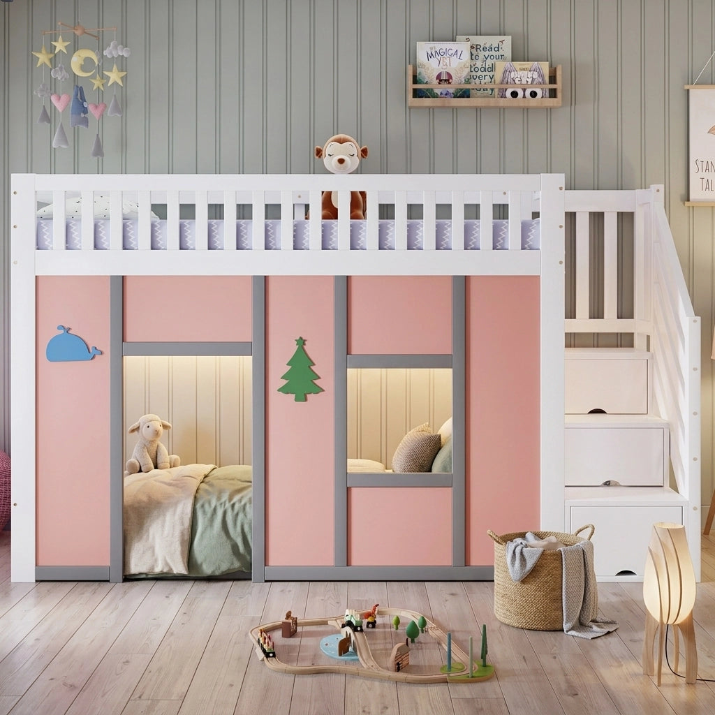 Letto a soppalco basso 90x200 cm bianco e rosa con scala contenitore; LED e spazio gioco