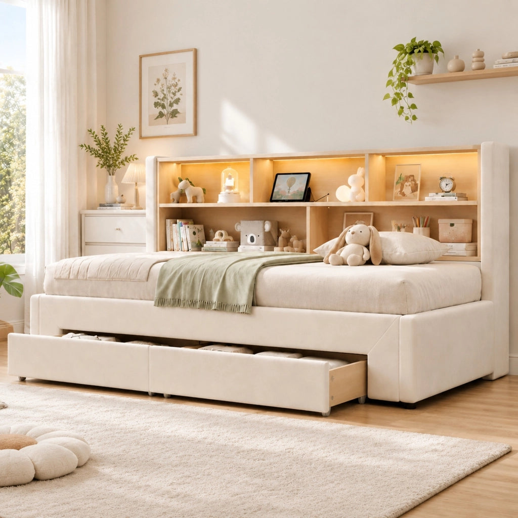 Letto per bambini estraibile 90x200 cm con LED; USB e Type-C; 2 cassetti; velluto beige
