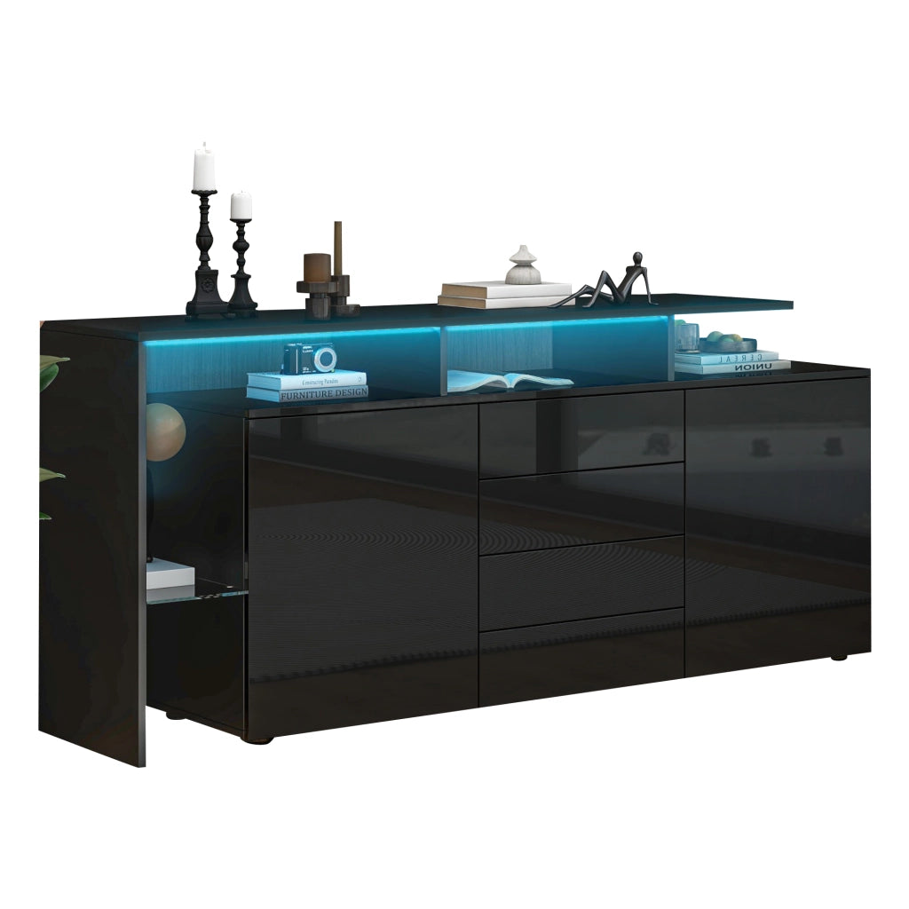 Sideboard con LED e USB 160 cm; 4 cassetti; 2 ante; in truciolare nero
