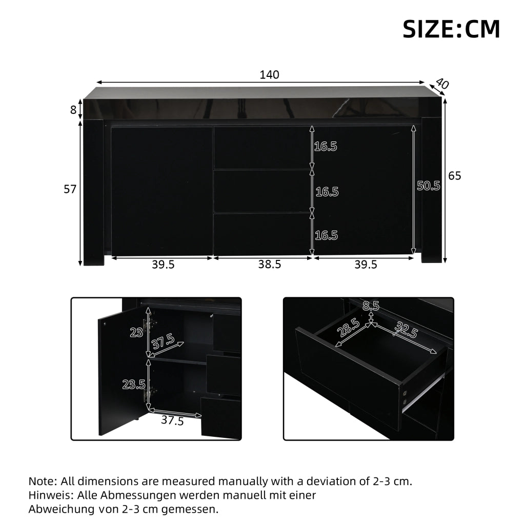 Sideboard moderno 140x40x65 cm con 2 porte; 3 cassetti e LED; nero lucido