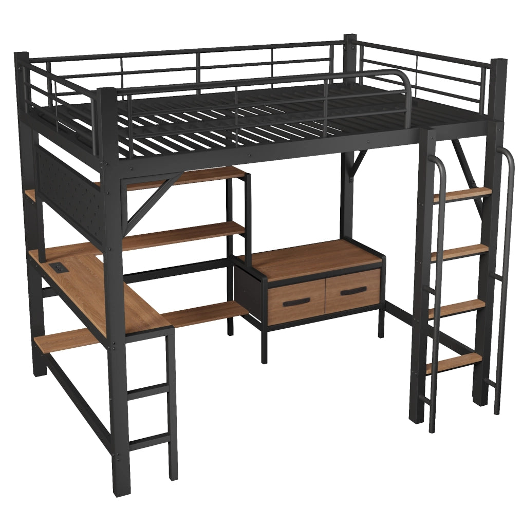 Letto a soppalco 140x200 cm con scrivania, scaffali, LED e USB
