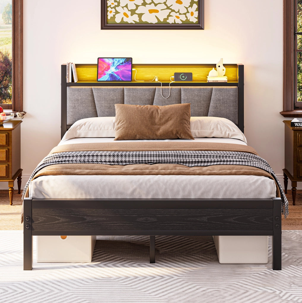 Letto matrimoniale 140x190 cm con LED, USB e testiera contenitore
