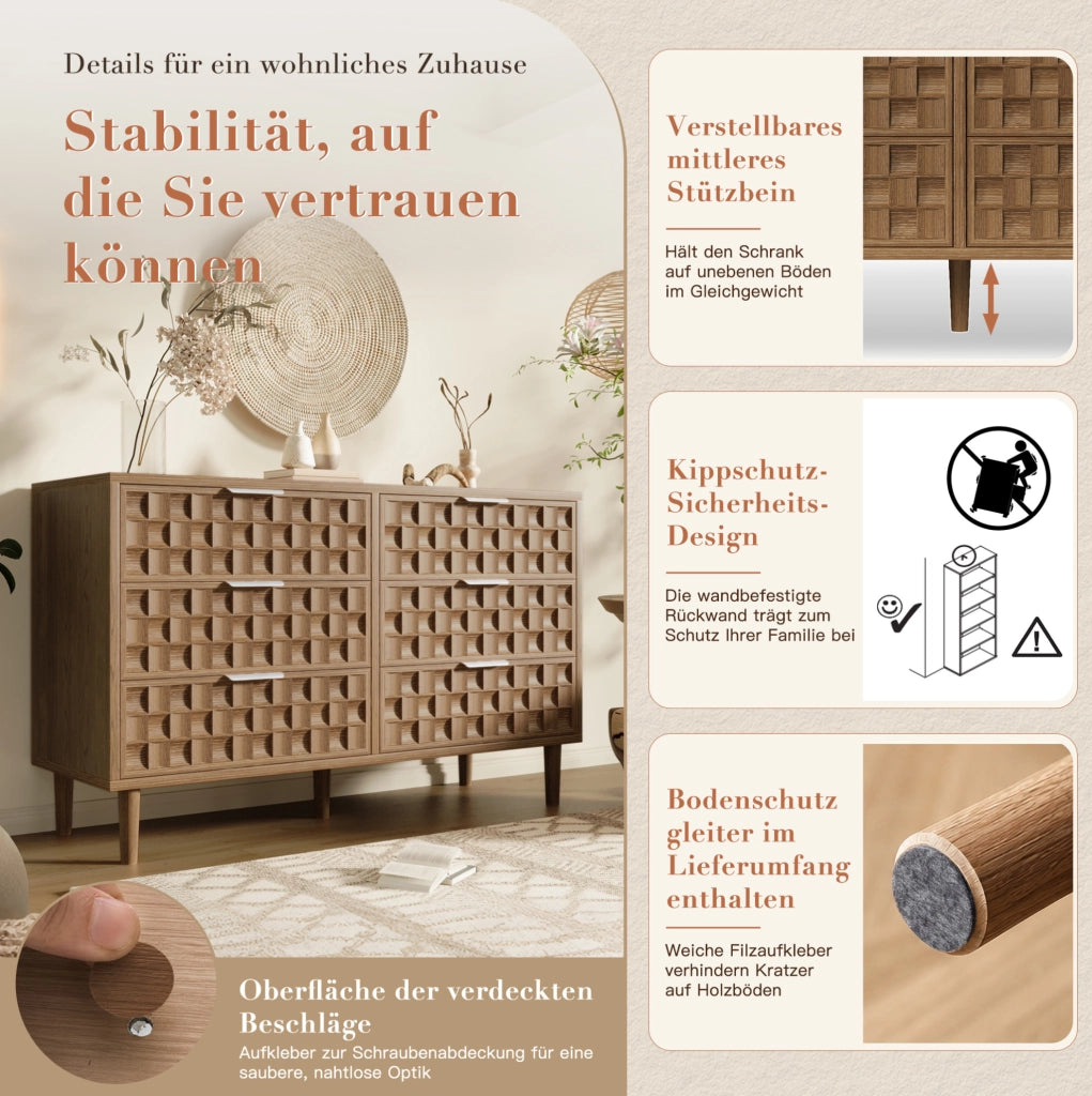 Sideboard 120x37x77 cm con 6 cassetti; effetto rovere; MDF