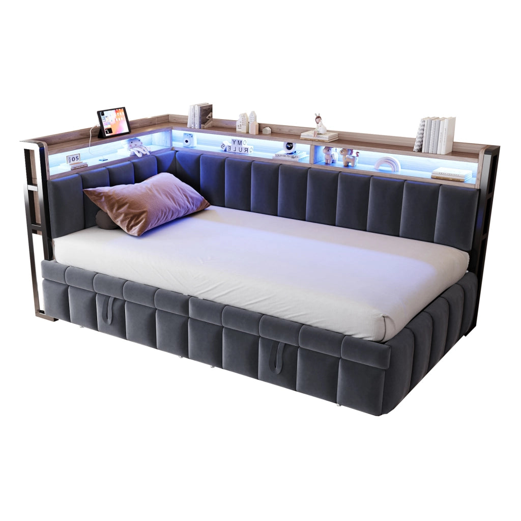 Divano letto estraibile 90x200 cm con LED, USB e Type-C grigio