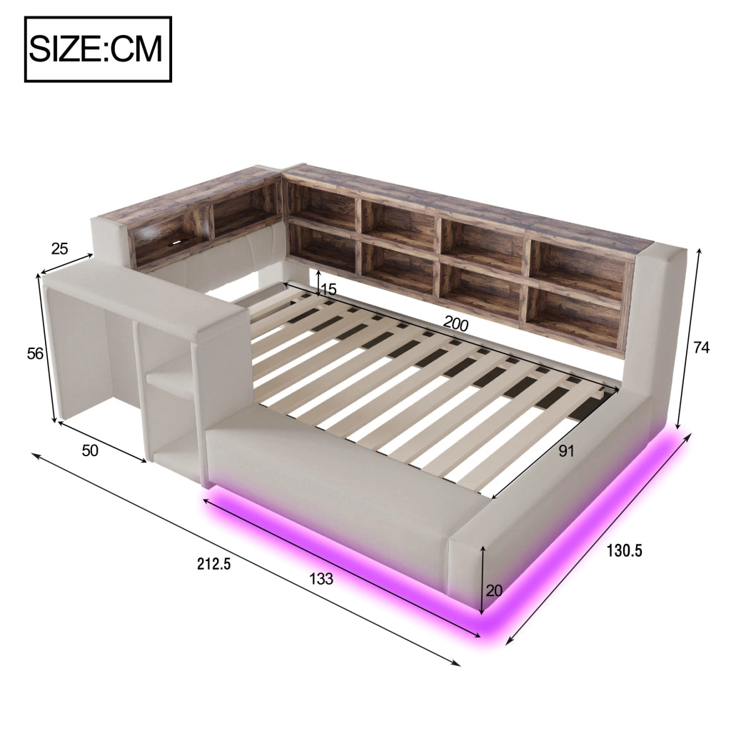 Letto singolo imbottito 90 × 200 cm in velluto grigio chiaro con LED prese integrate e ripiani contenitore