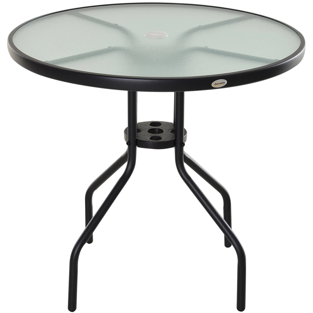 EasyComfort Tavolino da Giardino con Piano in Vetro Temperato e Foro per Ombrellone Acciaio Ф80 x 72 cm Nero