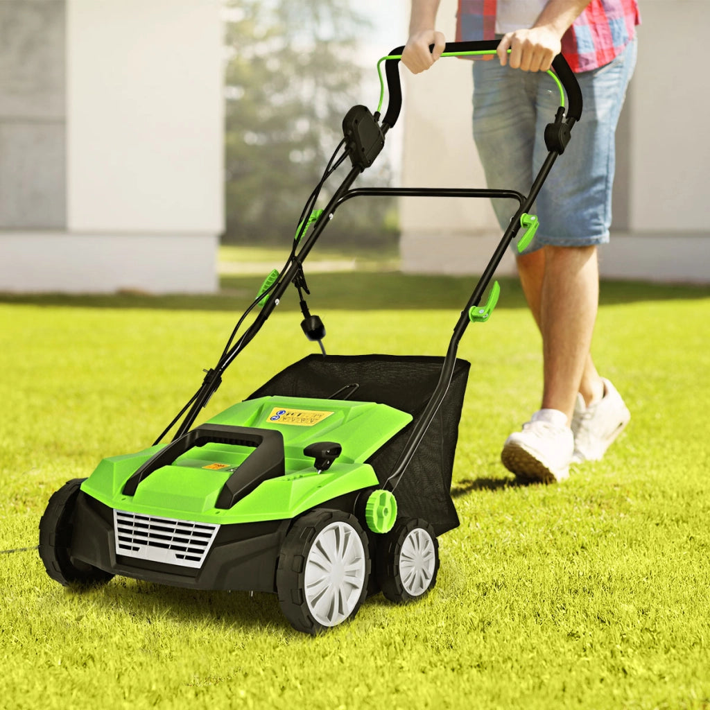 Scerbatore per prato con 2 interruttorI di sicurezza 13 ampere sacco raccoglitore 45L, Scarificatore elettrico Verde-Attrezzi da giardino