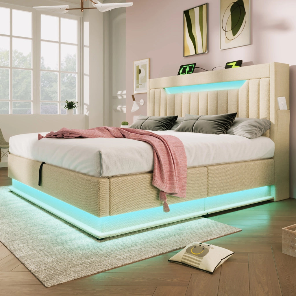 Letto contenitore 180x200 cm con LED; testiera a ripiani; 3 USB e Type-C; tessuto beige