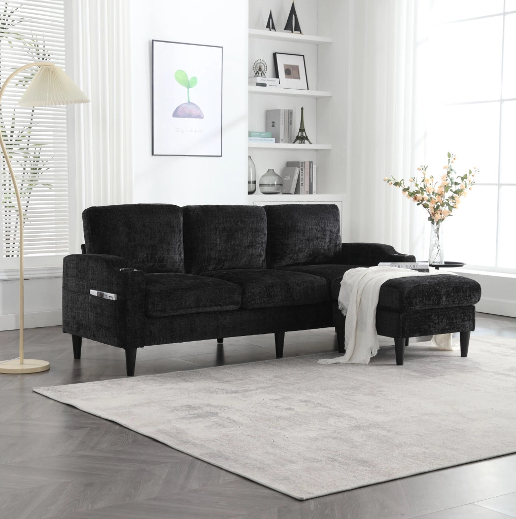 DIVANO 4 POSTI CON POUF CONTENITORE 196,5x75x77 cm CHENILLE NERO