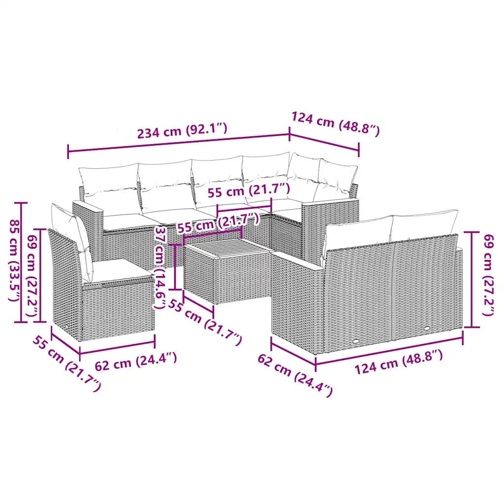 Set Divani da Giardino 9 pz con Cuscini Nero in Polyrattan