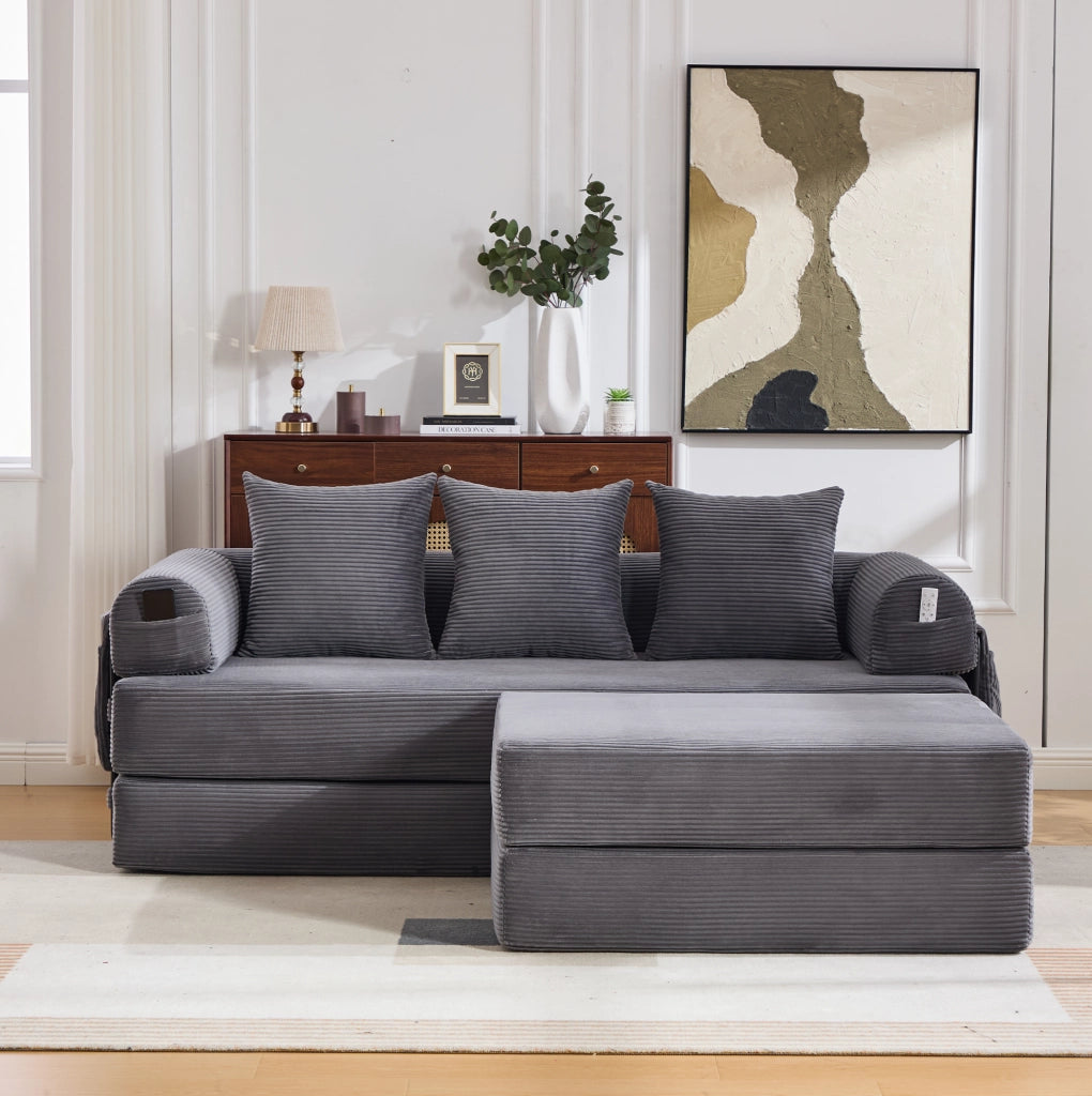 Divano modulare in velluto a coste con pouf, 3 cuscini e tasca laterale, grigio scuro