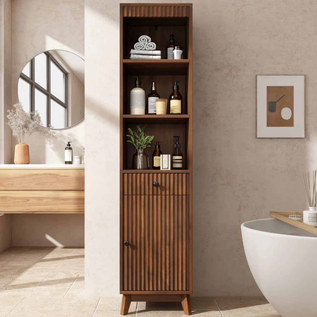 Mobiletto bagno a colonna 172 cm color noce con anta reversibile e cassetto; armadietto a terra in MDF 40x36 cm