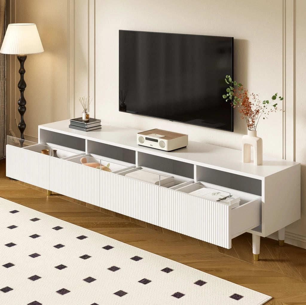 Mobile TV 178x35x45 cm con 4 cassetti e passacavi in MDF e acrilico bianco