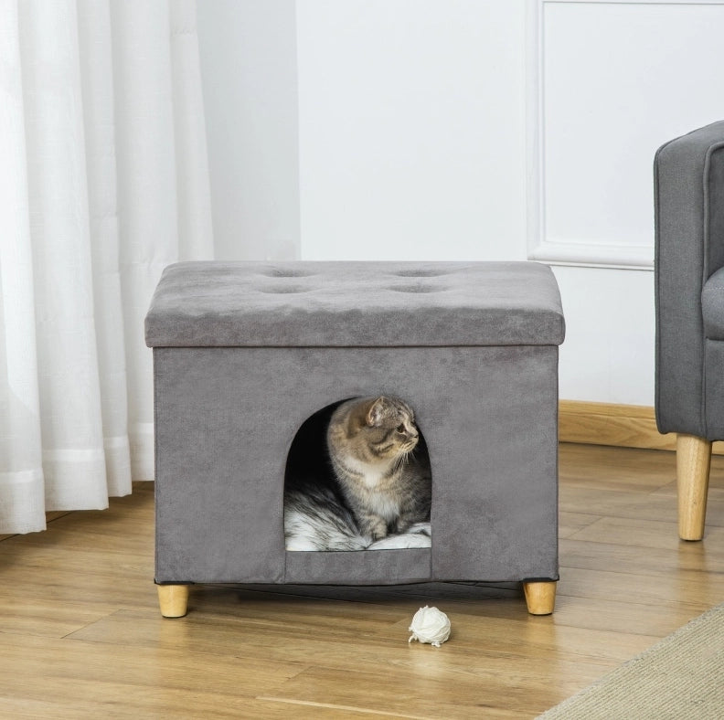 Casetta per gatti ULEVR 60x45x44,5 cm 2 in 1 con funzione poggiapiedi, imbottita, grigia