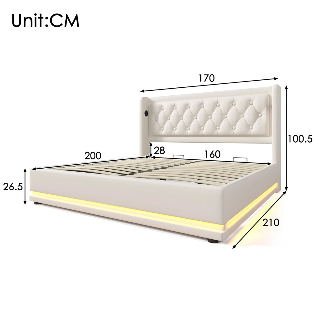 Letto contenitore imbottito 160x200 cm in PU bianco con LED e USB Type-C