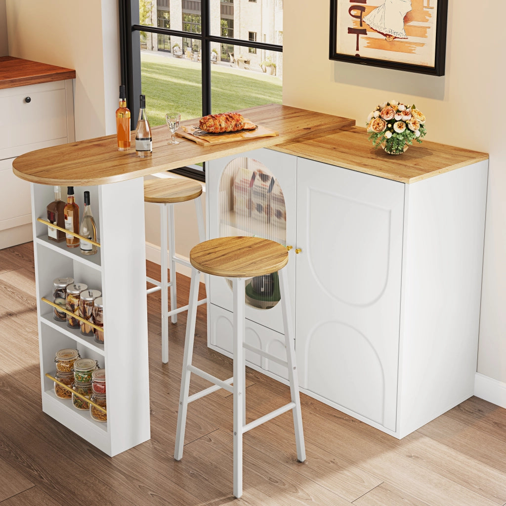 Set tavolo da bar con 2 sgabelli cucina con armadietti scorrevoli in vetro ripiani regolabili bianco MDF metallo