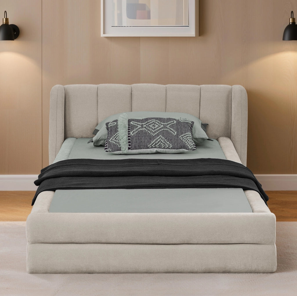 Letto singolo imbottito 90x200 cm in ciniglia beige