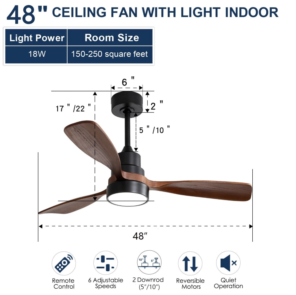 Ventilatore da soffitto nero con luce LED 18 W, motore DC reversibile e telecomando