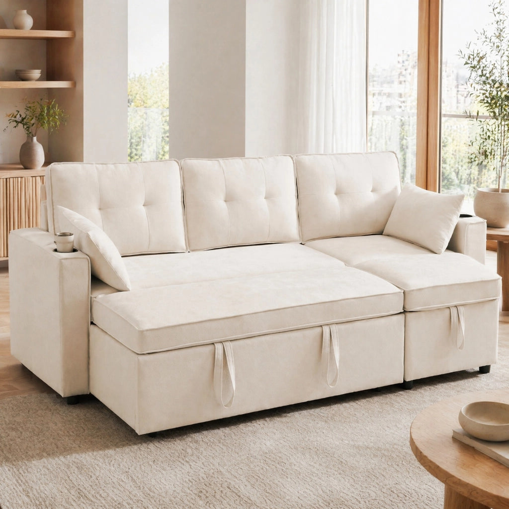 Divano letto angolare beige con contenitore, portabicchieri e cuscini decorativi