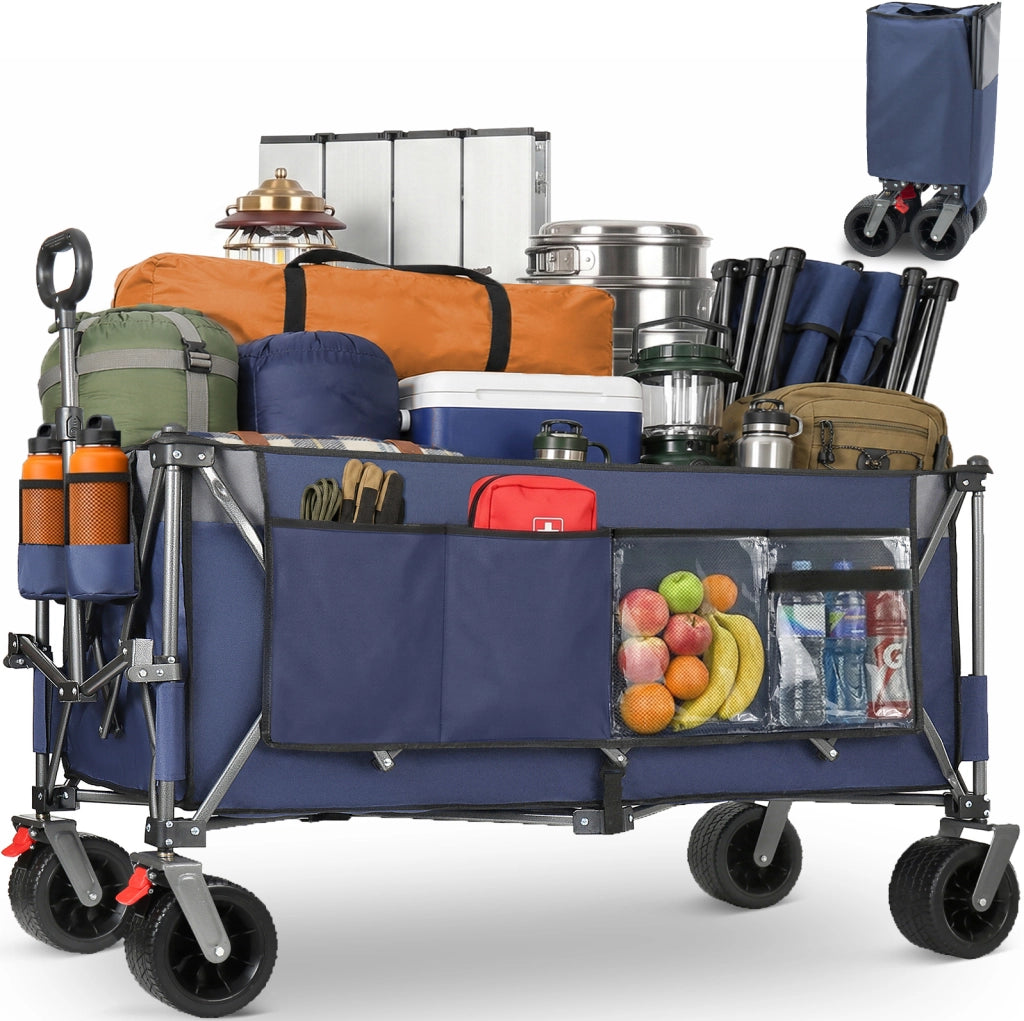 Carrello da giardino pieghevole 300 L acciaio blu 130x65,5x116,8 cm fuoristrada con freni
