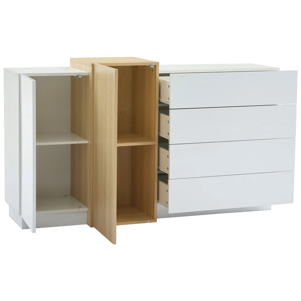 Credenza bianca lucida 140 cm con 4 cassetti e 2 ante; in MDF