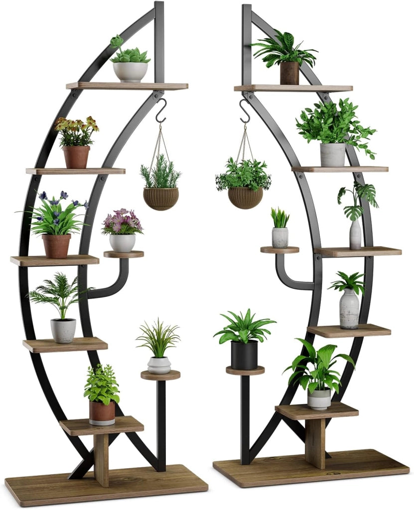 Scaffale per Piante a 7 Livelli, Scaffale a Forma di Mezza Luna con Gancio e Dispositivo Antiribaltamento, Porta Piante e Fiori per Interno, Balcone e Soggiorno, 60 x 30 x 155 cm (2 PEZZI)