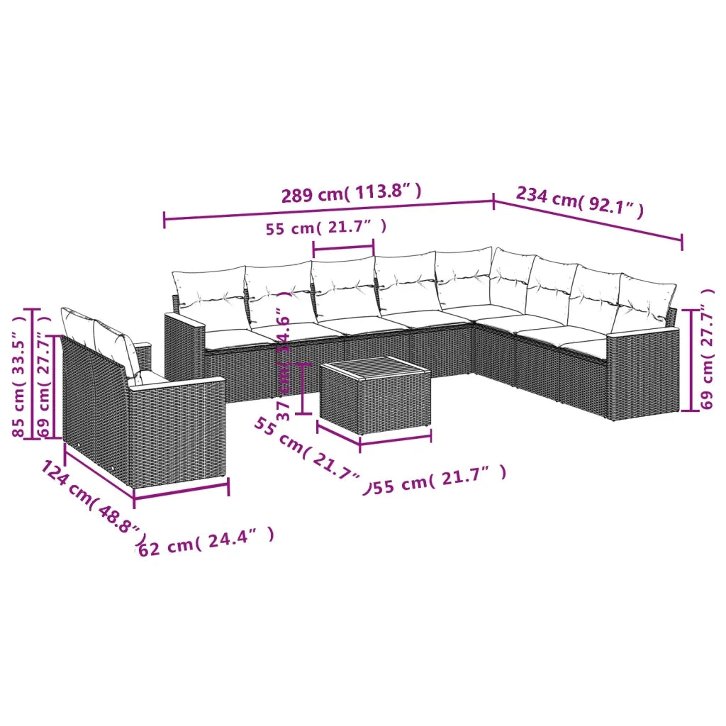 Set Divani da Giardino 11 pz con Cuscini in Polyrattan Nero 3226118