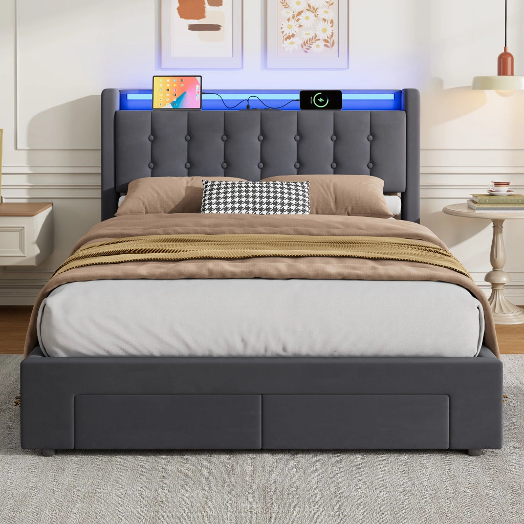 Letto una piazza e mezza imbottito 140 × 200 cm con rete idraulica, LED, USB, testiera, velluto e 2 cassetti