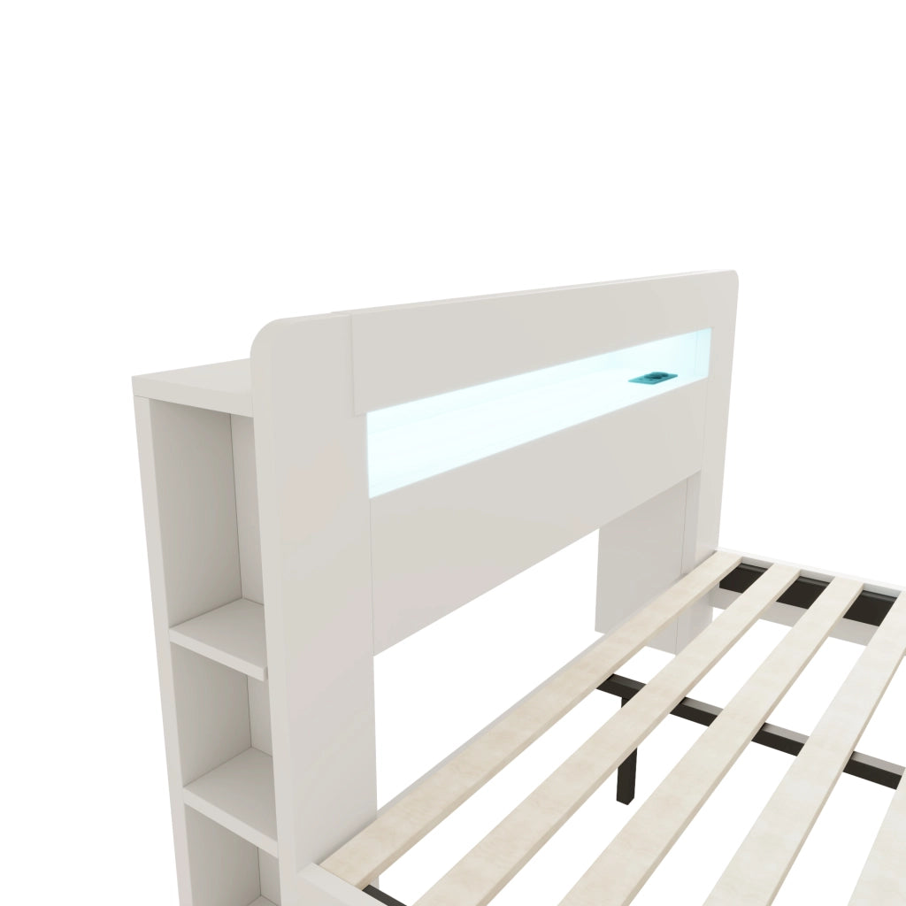 Letto 140x200 cm bianco con testiera a vani; LED e prese integrate