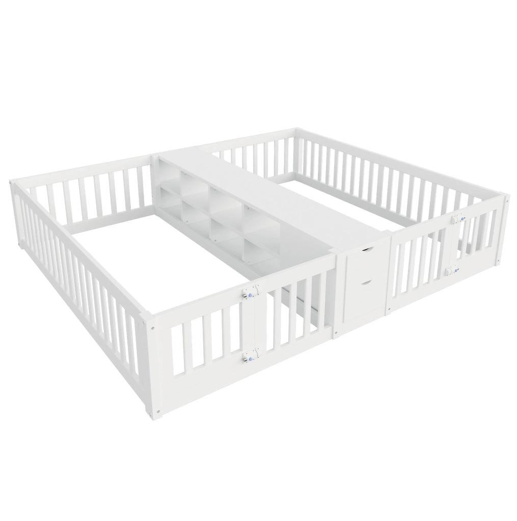 Letto doppio in legno 90x200 cm con scaffale e 2 cassetti; bianco