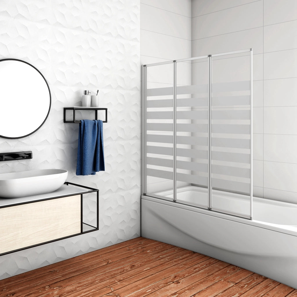 130x140 cm Parete Vasca da Bagno Doccia 3 Ante Pieghevoli a Libro Montaggio Verso Sinistro Vetro 4 mm Temperato Fasce Bianche Opache Telaio Argento Opaco