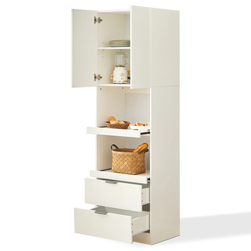 Mobile dispensa da cucina 200 cm con 2 cassetti e vani aperti; bianco
