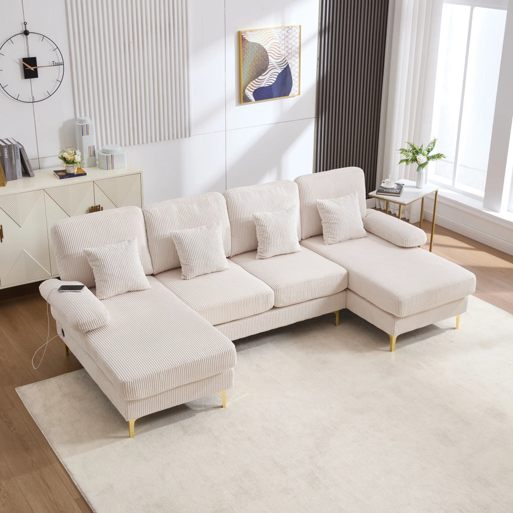 OKWISH Divano Panoramico a U, Schienale Ergonomico con Illuminazione LED e Porta USB, Velluto Beige, 265 × 135 × 88 cm
