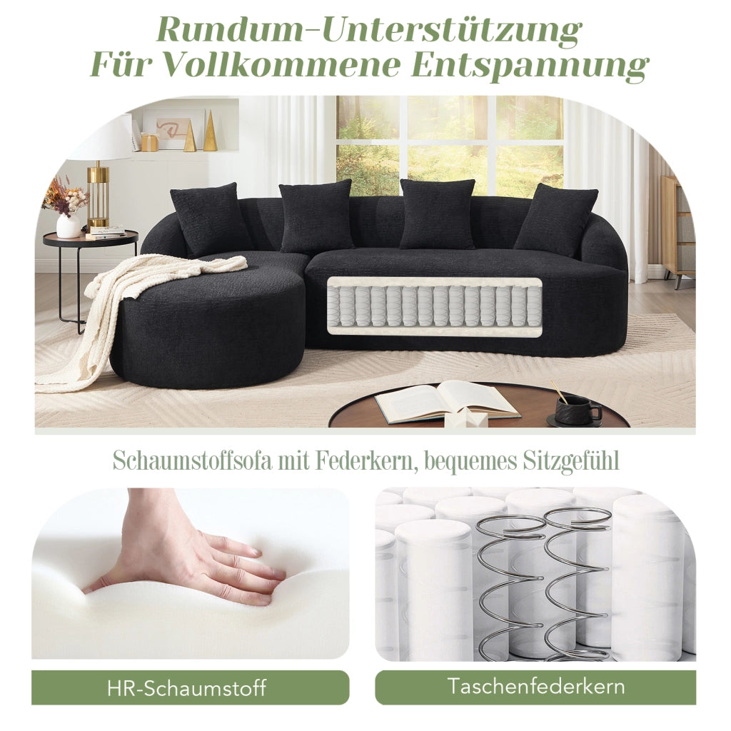 Divano modulare angolare 3 posti con chaise longue sinistra in chenille nero