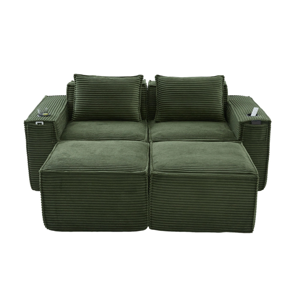 Divano modulare 2 posti con pouf, porta bicchieri e tasche laterali, verde