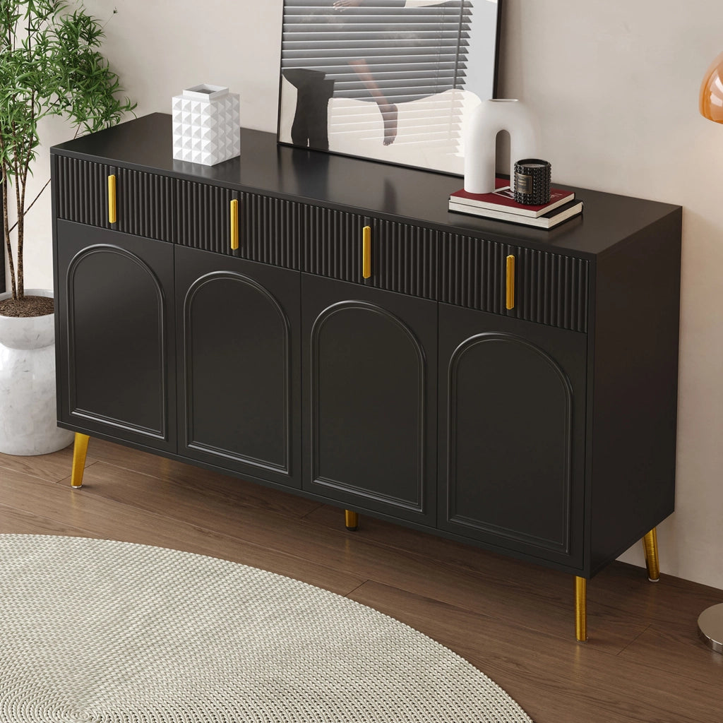 Sideboard con 4 ante e 4 cassetti; ripiani regolabili; 140x38x82 cm; nero