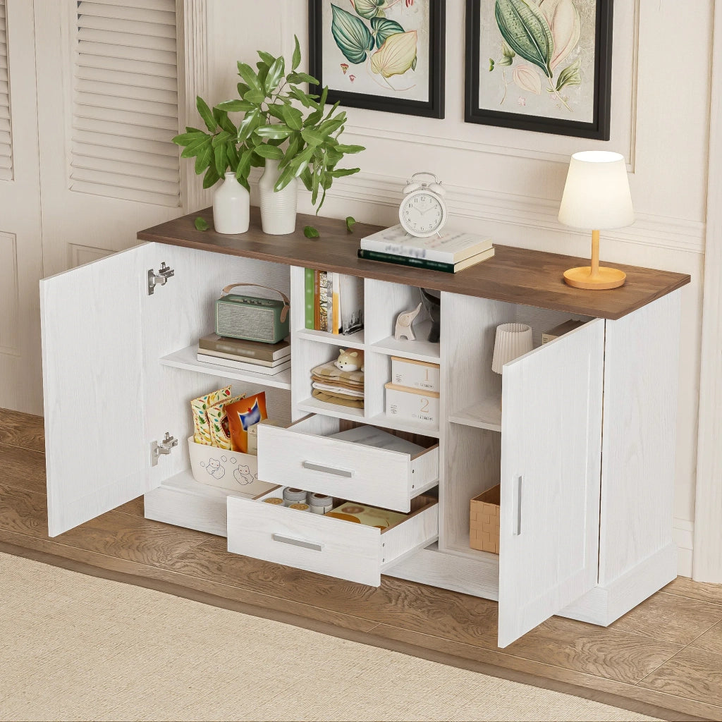 Sideboard 140x40x79,5 cm, legno bianco e marrone, 2 ante, 2 cassetti